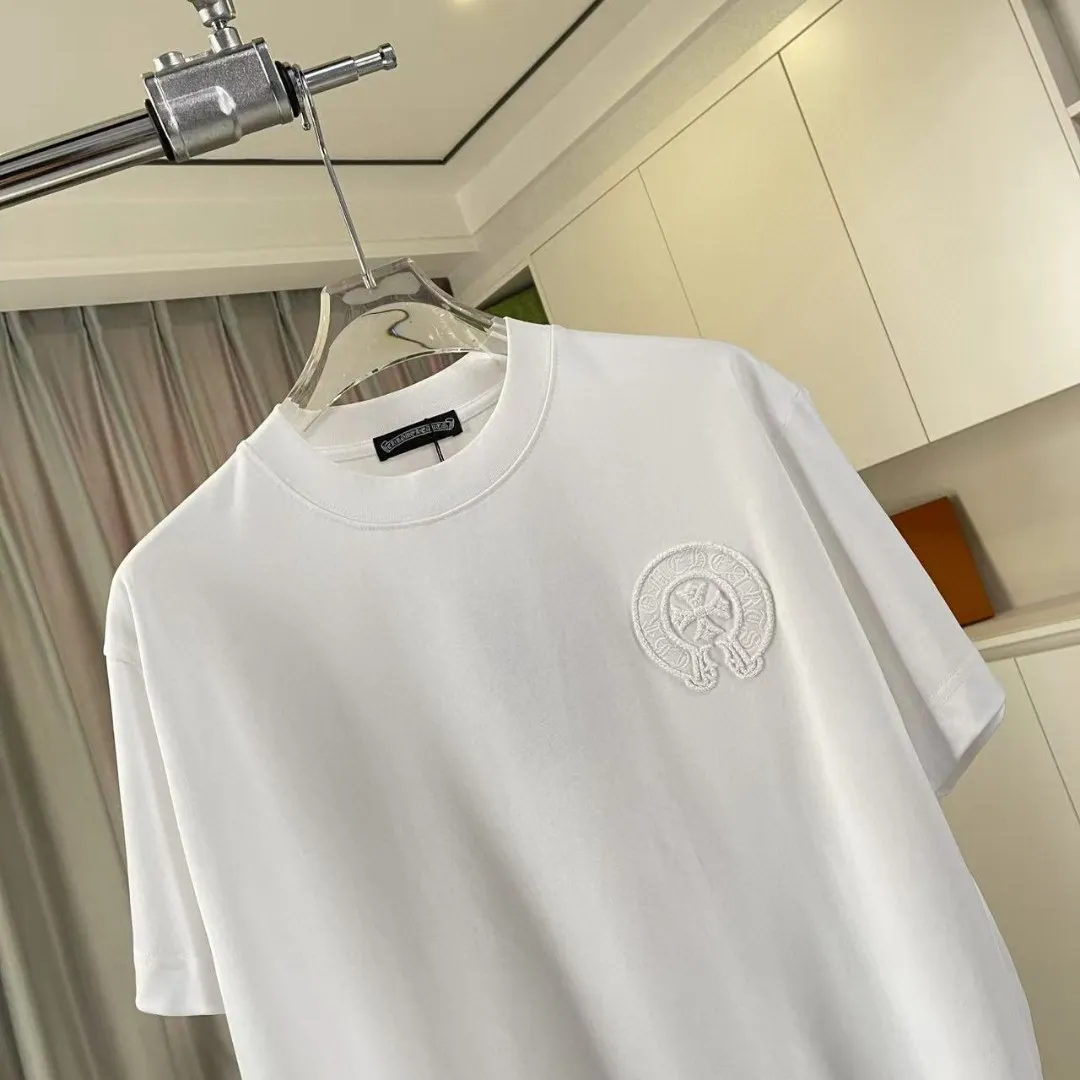 🅿️200 ch Crow* 2025 spring and summer new style Sanskrit horseshoe cross cross vacuum embroidery short-sleeved t-shirt custom fabric 300g same style for men and women Size: S M L XL XXL Five codes Color: black white